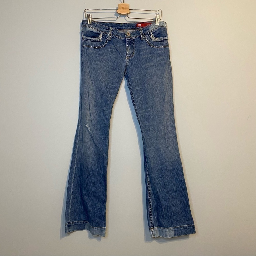 X2 Denim Laboratory Ultra Low Rise Embellished Flare Jean, Size 30